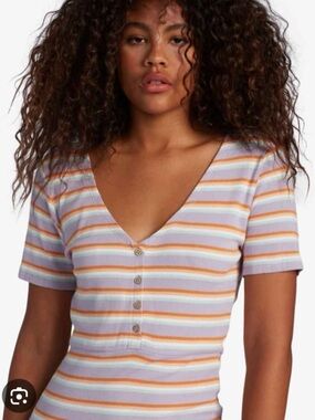 Striped V-Neck Short Sleeve Ribbed Knit Dress by Roxy